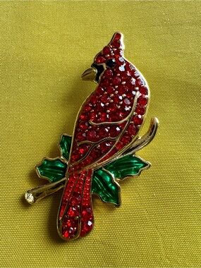 Red Crystal Cardinal Brooch with Green Enamel Leaves